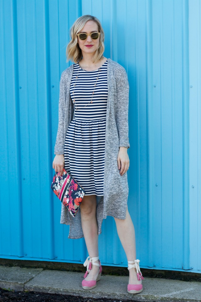 striped dress, duster cardigan, floral clutch, pink suede wedges