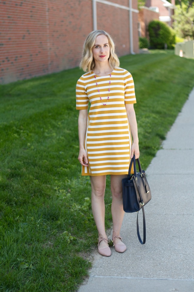 yellow stripe dress, navy satchel, Kate Spade bow necklace