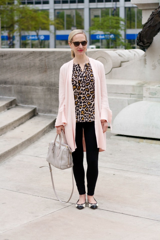 leopard top, flare sleeve cardigan, skinny black pants, cap toe Gemma flats