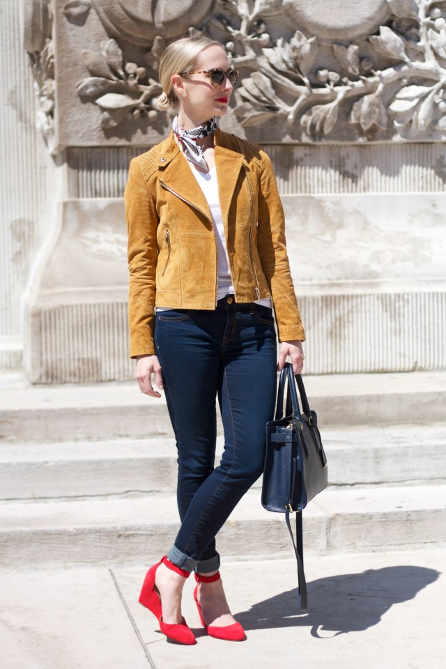 suede moto jacket, skinny jeans, white tee, neck scarf, ankle strap wedges