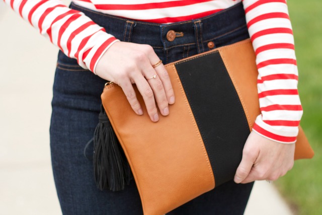 striped off-the-shoulder top, high waist flare jeans, colorblock clutch