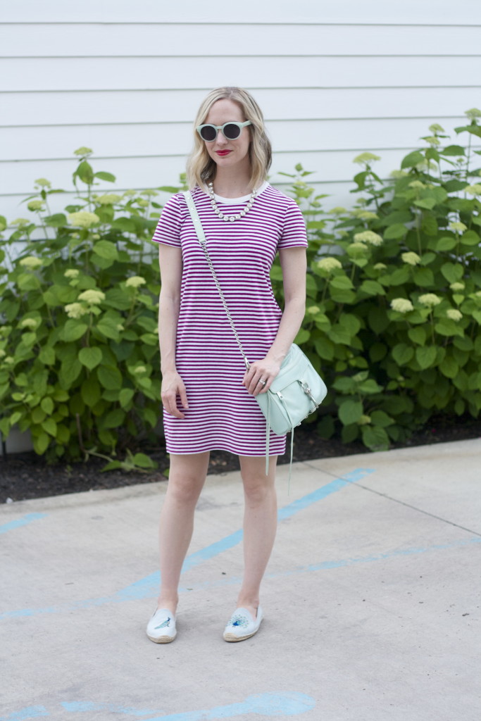 striped t-shirt dress, Soludos espadrilles, Rebecca Minkoff MAC bag outfit
