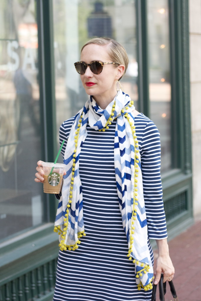 striped t-shirt dress, chevron spring scarf, blue suede flats