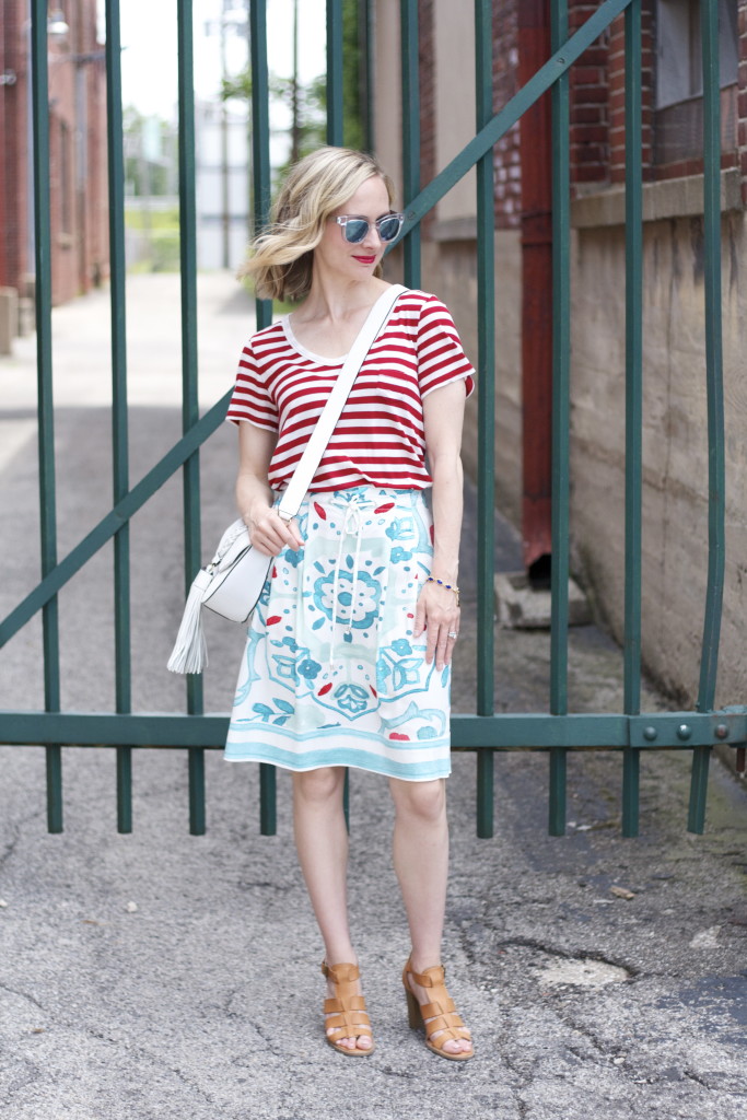 Club Monaco stripe tee, floral print skirt, Rebecca Minkoff saddle bag