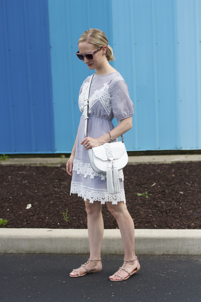 lace trim dress, Rebecca Minkoff bag, studded sandals