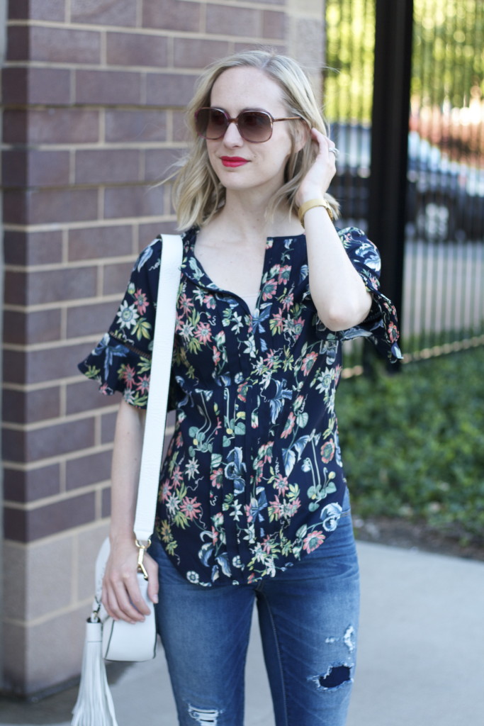 floral top, Target distressed jeggings, Madewell suede sandals, Rebecca Minkoff Isobel bag, Cluse 33mm gold watch