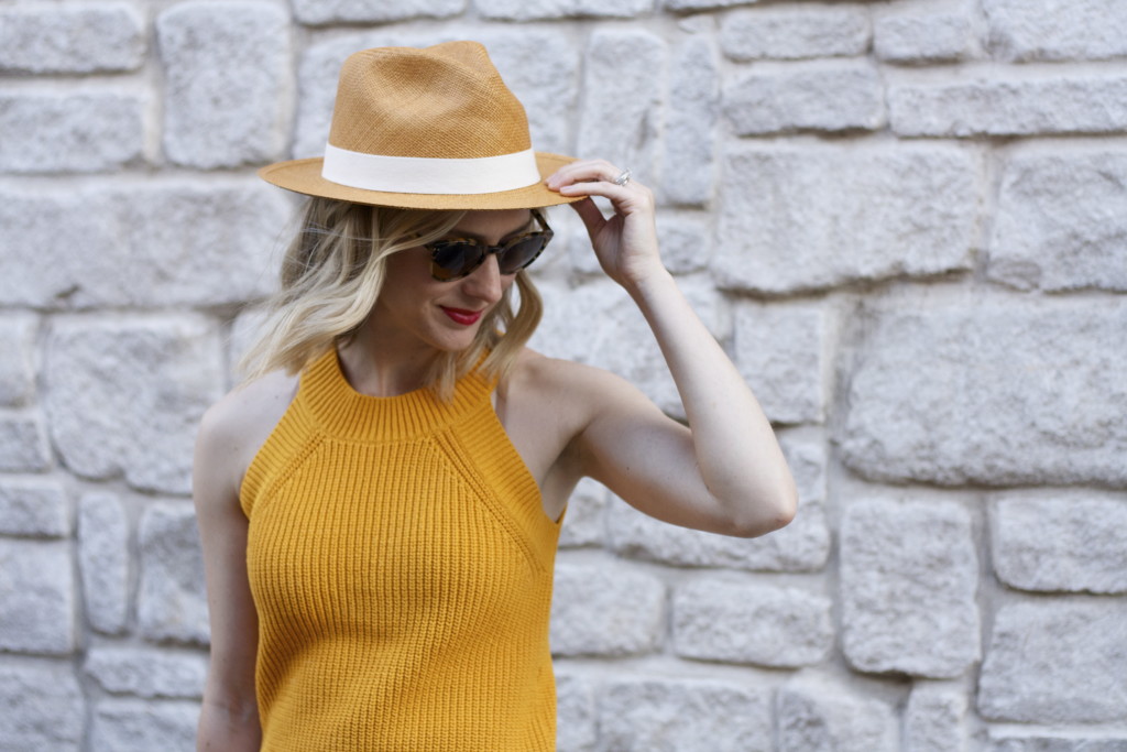 yellow halter sweater, j.crew stripe midi skirt, panama hat, broad ripple blogger