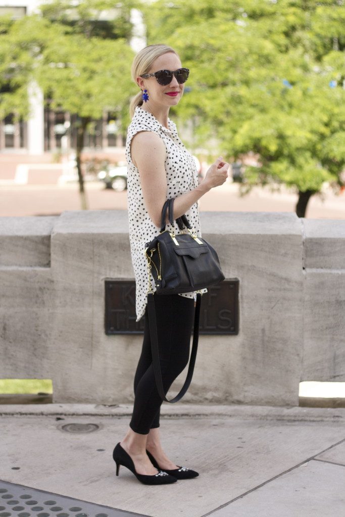black and white outfit, polka dots, ponte pants outfit, statement earrings