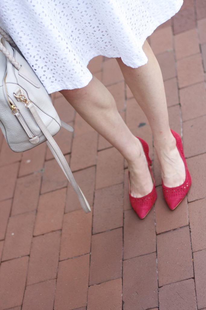 plaid top, white eyelet skirt, red suede pumps