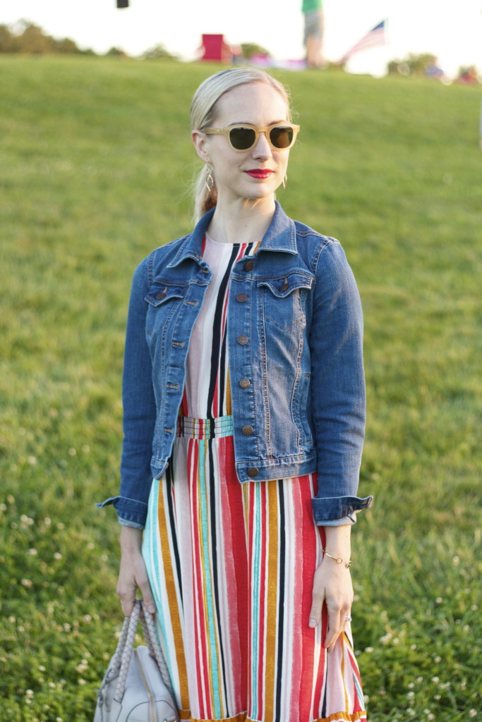 striped midi dress, cropped jean jacket, navy espadrilles