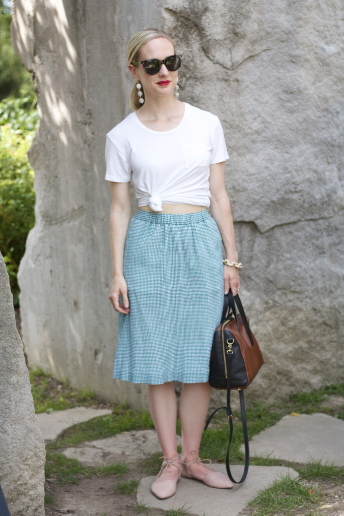 j.crew factory gingham midi skirt, knotted crop top, sugarfix ball earrings, bloomington indiana