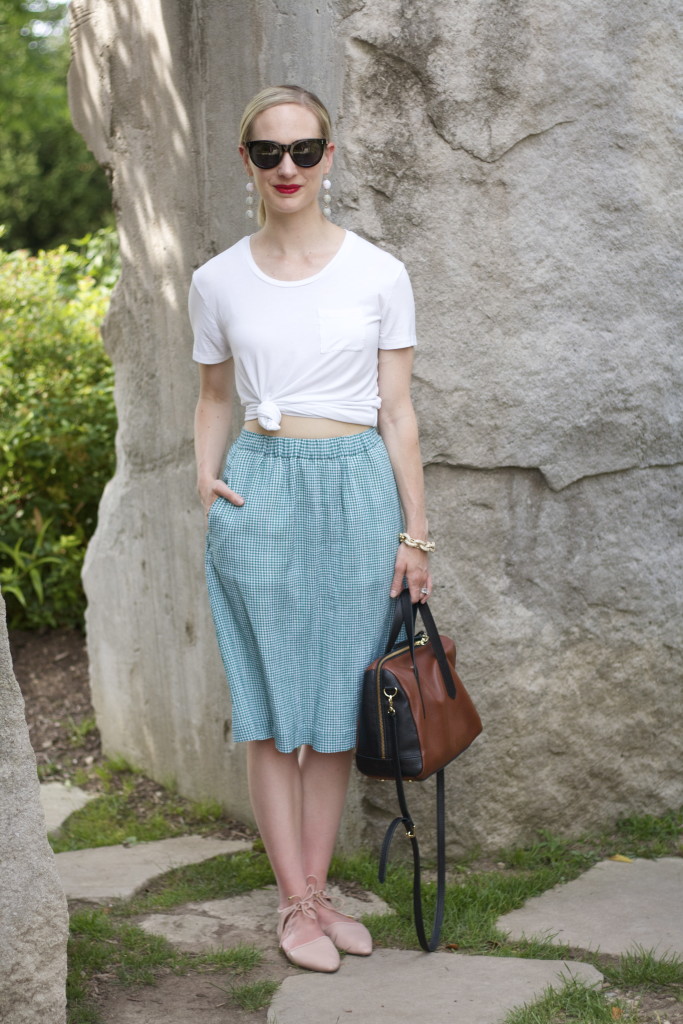 j.crew factory gingham midi skirt, knotted crop top, sugarfix ball earrings, bloomington indiana