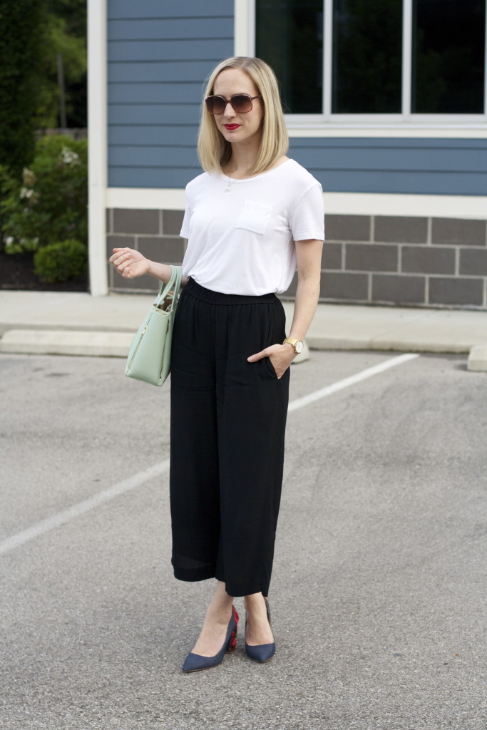culottes, plain white tee, embroidered pumps