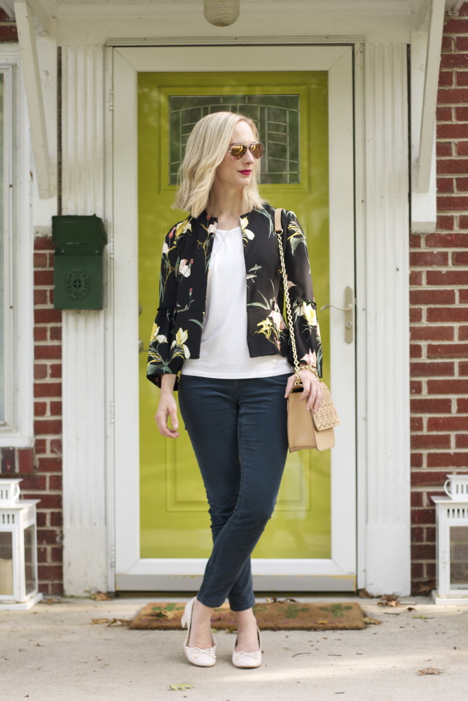 floral jacket, skinny cords, white tee, pink Ray Ban aviators