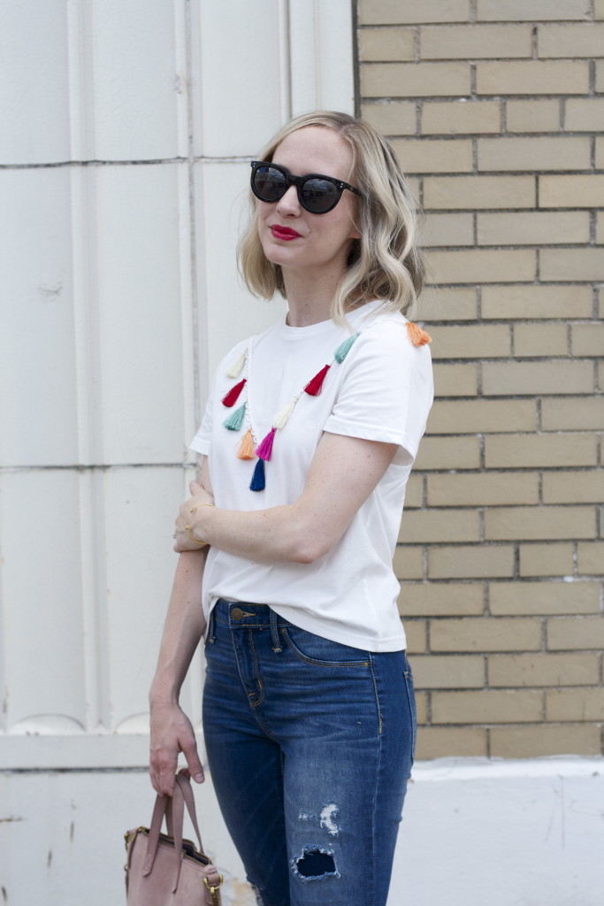 tassel t-shirt, Target jeggings, Cole Haan suede oxfords, Indianapolis blogger