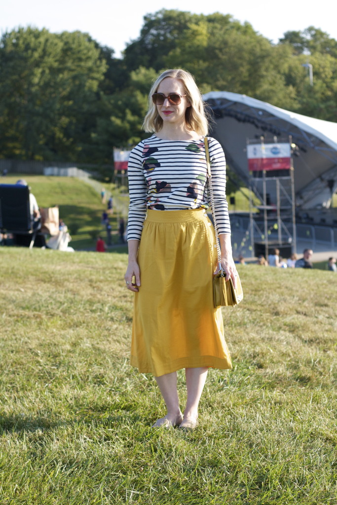Madewell yellow midi skirt, Rebecca Minkoff suede bag