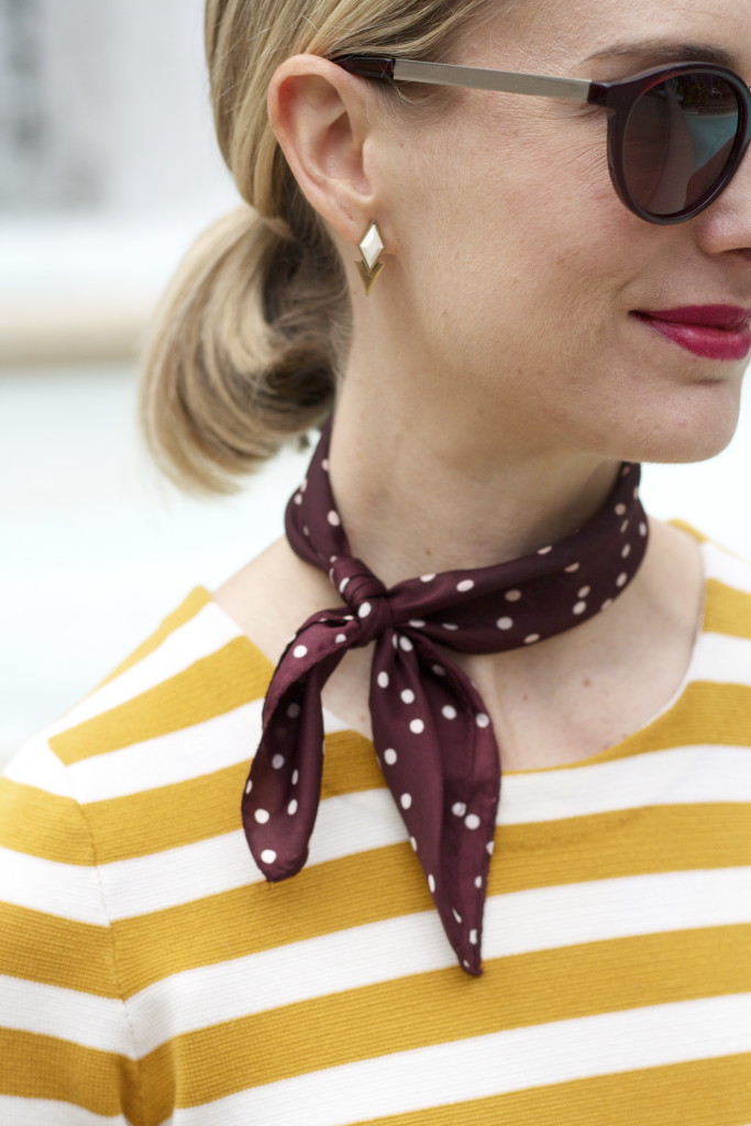 yellow stripe dress, polka dot neck scarf, burgundy and yellow, mixed prints