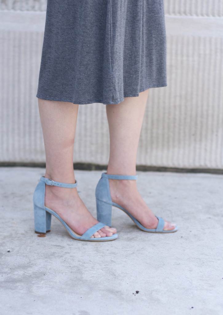 gray midi dress, blue suede block heel pumps, Kate Spade bag