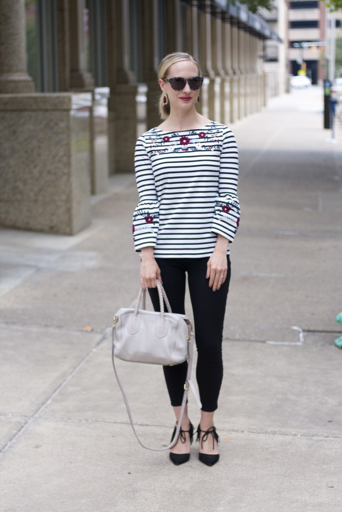 striped embroidered bell sleeeve top, ponte pants, fringe pumps, kendra scott fall collection, embroidery trend