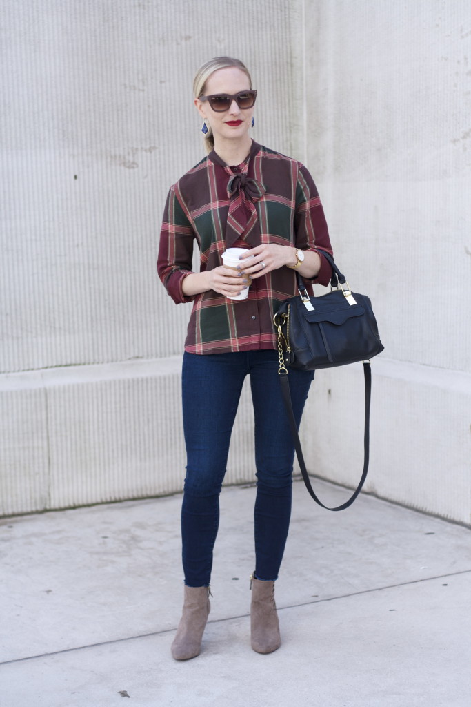 pussy bow flannel shirt, articles of society skinny jeans, ankle boots