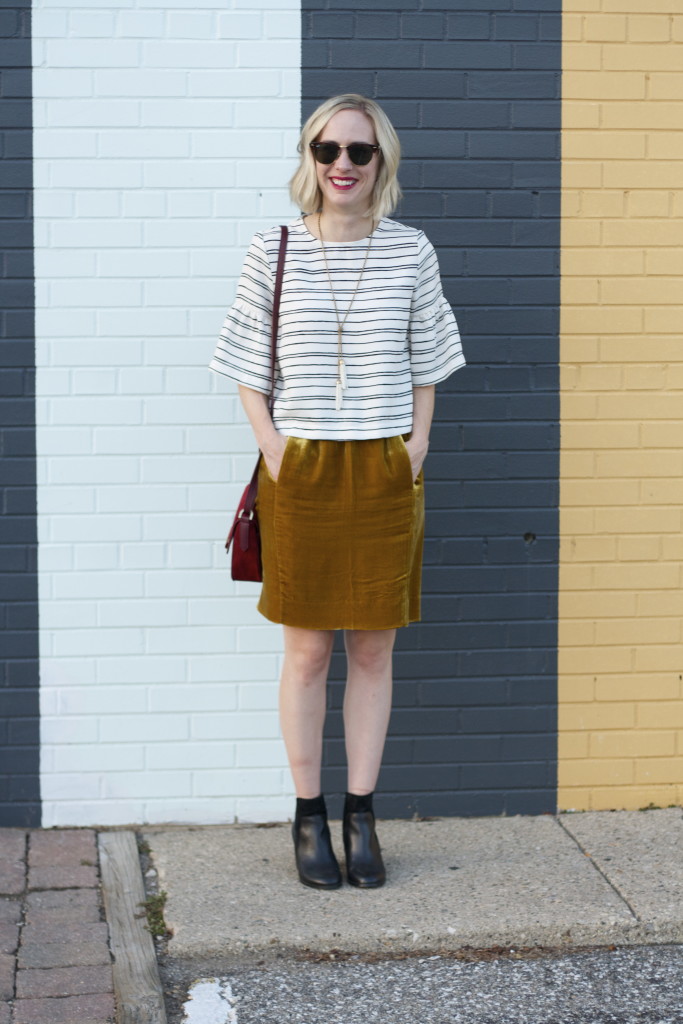 velvet skirt, bell sleeve top, skirt with ankle boots