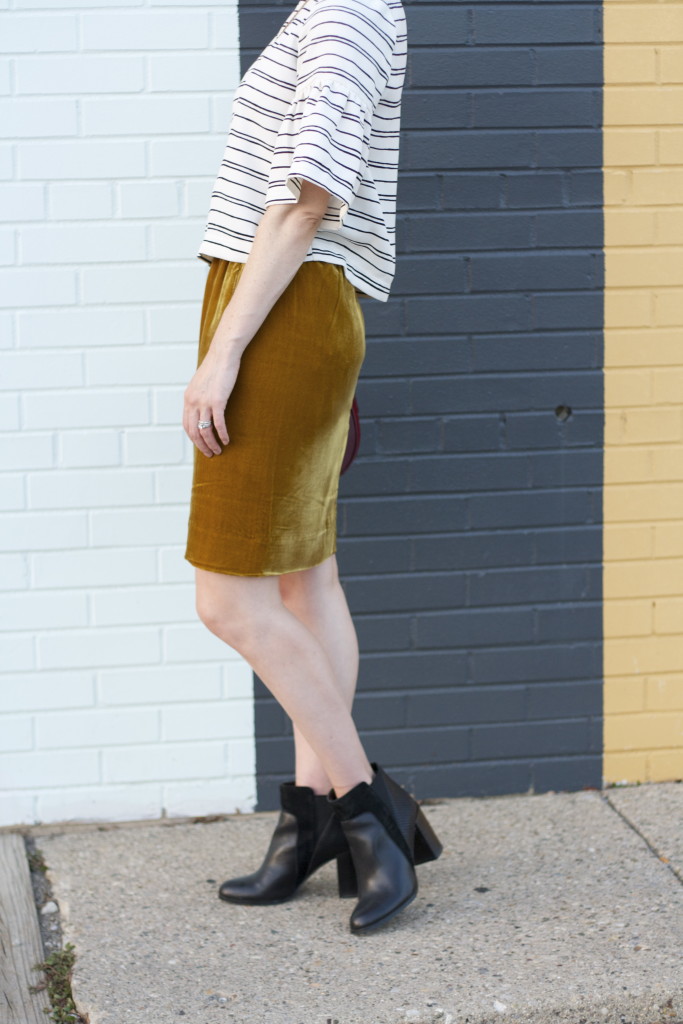 velvet skirt, bell sleeve top, skirt with ankle boots