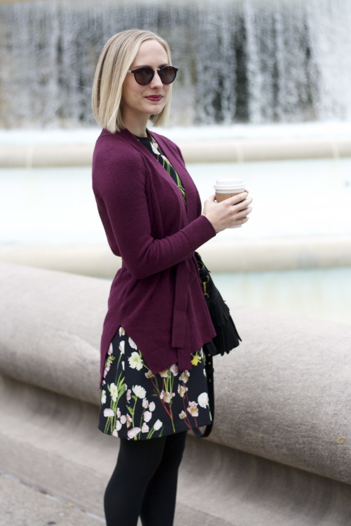 bugundy wrap sweater, floral dress with tights and ankle boots