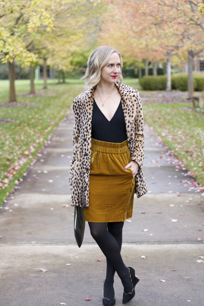 velvet skirt, wrap bodysuit, suede wedges, leopard coat