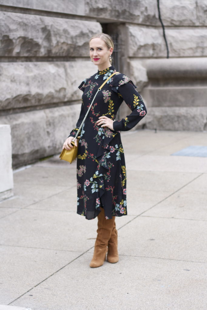 long sleeve floral midi dress, tan suede boots, yellow Rebecca Minkoff love bag, 3-ball gold earrings