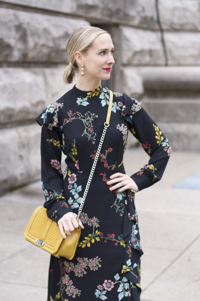 long sleeve floral midi dress, tan suede boots, yellow Rebecca Minkoff love bag, 3-ball gold earrings
