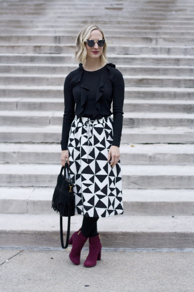 ruffle sweater, midi skirt, ankle boots