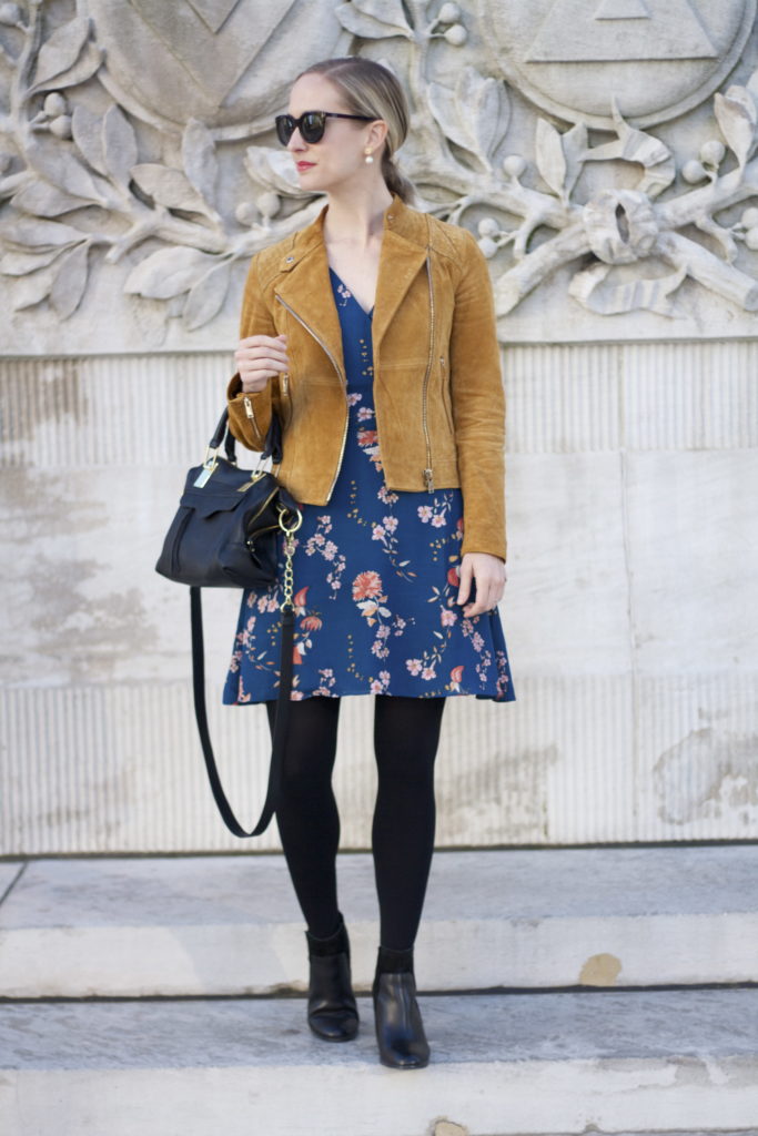 floral dress, suede moto jacket, ankle boots