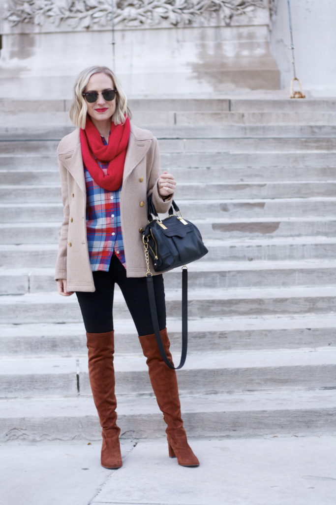 flannel shirt, over the knee boots, infinity scarf, Ray Ban wayfarers