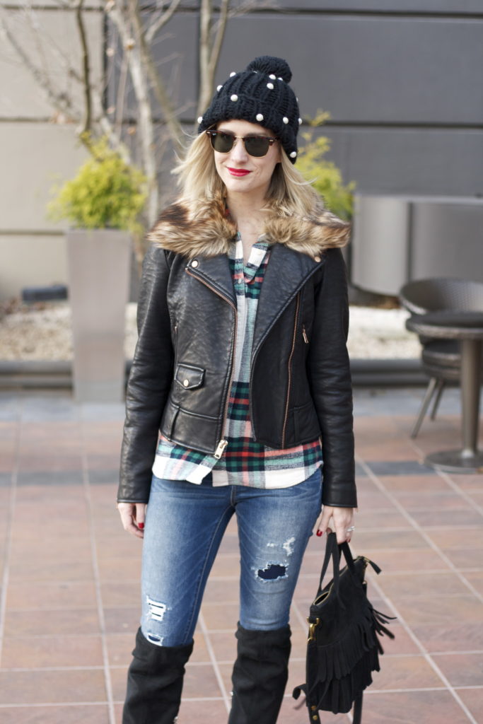 flannel shirt, faux fur collar leather jacket, OTK boots