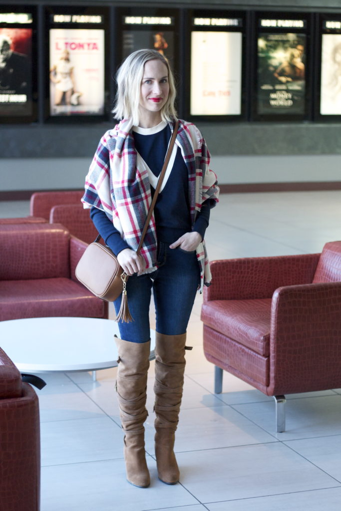 over the knee boots, tan crossbody bag, blanket scarf