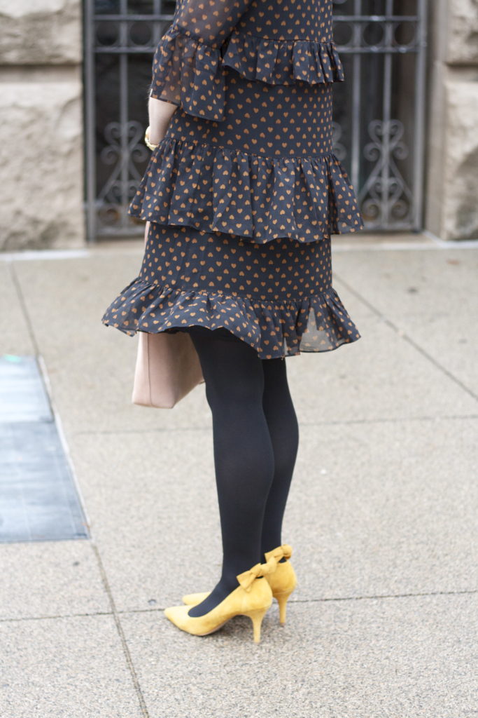 Madewell ruffle heart dress, tights, yellow suede pumps, suede transport tote