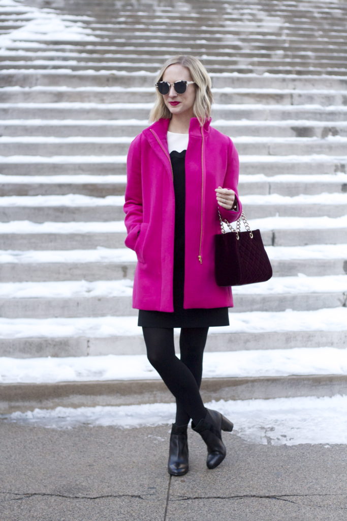 colorblock dress, pink j.crew coat, velvet bag, work outfit ideas