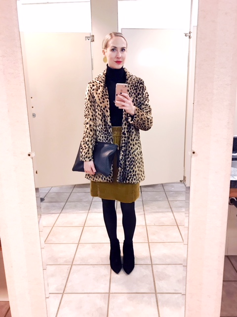 leopard coat, velvet skirt outfit