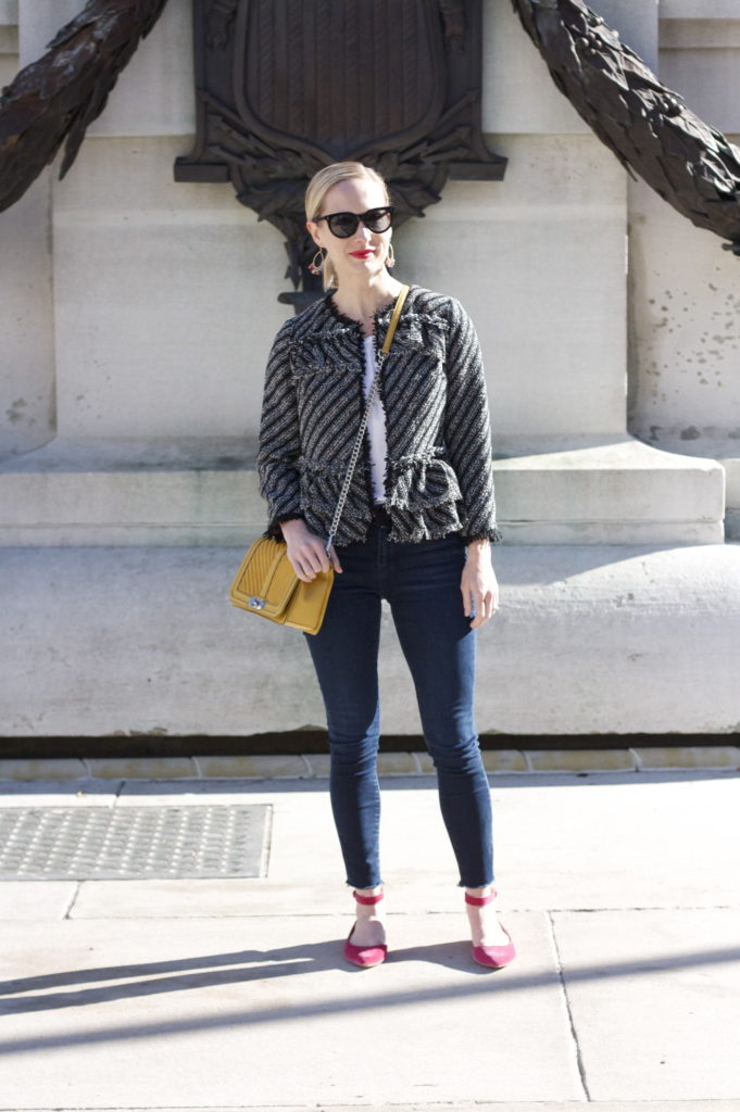 tweed ruffle jacket, cropped frayed skinny jeans, velvet shoes, Rebecca Minkoff bag