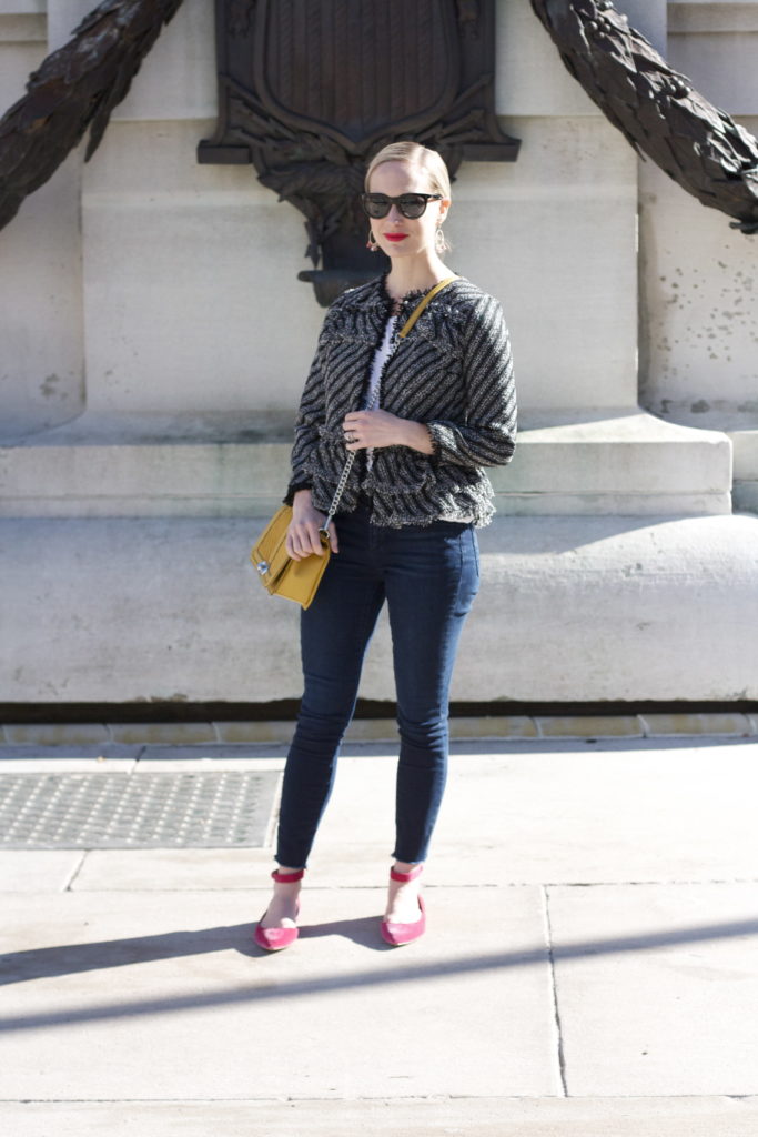 tweed ruffle jacket, cropped frayed skinny jeans, velvet shoes, Rebecca Minkoff bag