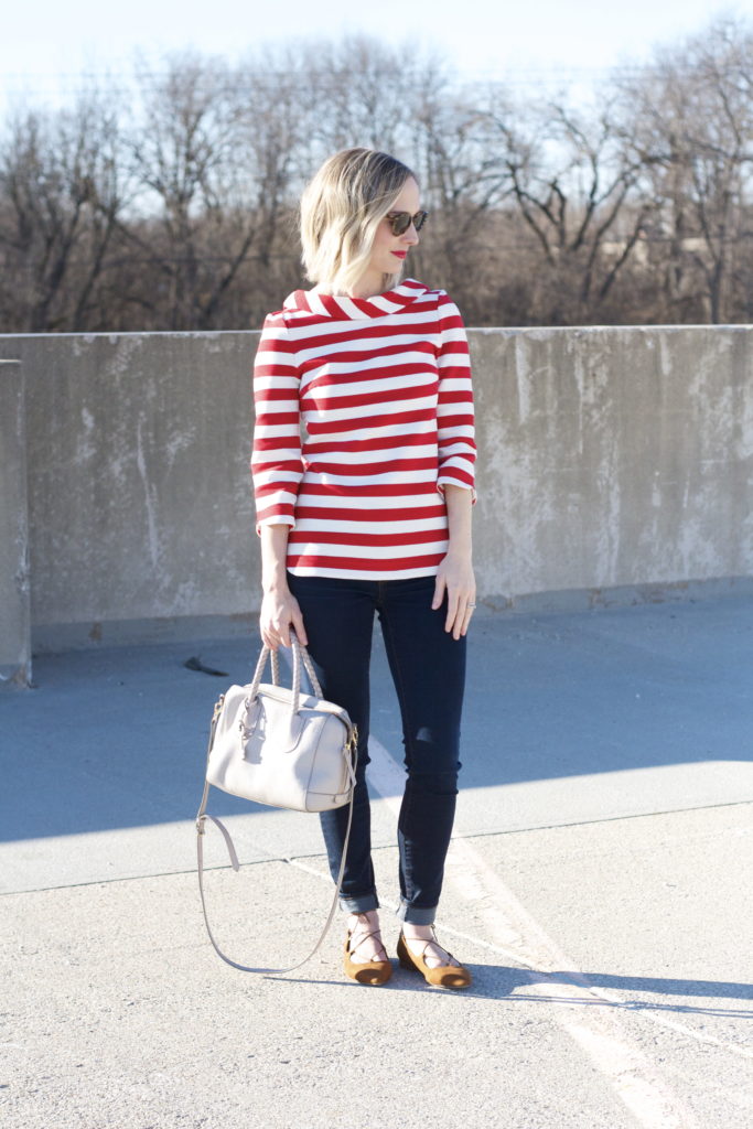 Boden mod striped top, cuffed skinny jeans, suede lace up flats