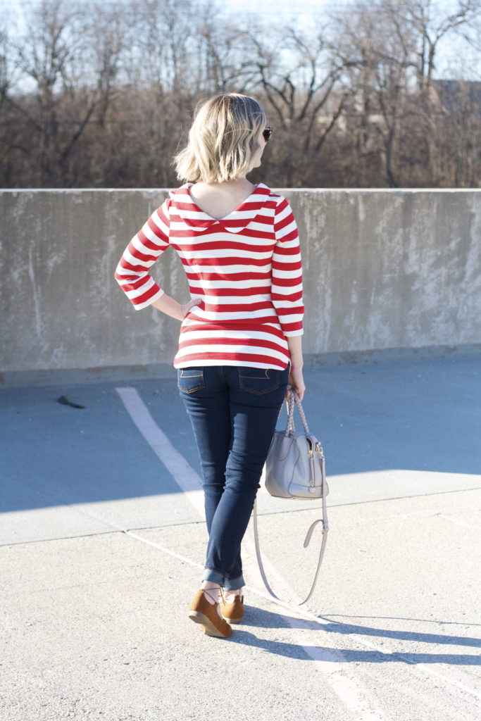 Boden mod striped top, cuffed skinny jeans, suede lace up flats