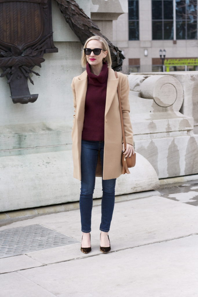 velvet shoes, camel coat, jeans day outfit