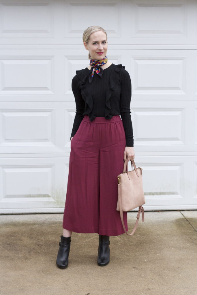 neck scarf, culottes, ankle botts outfit