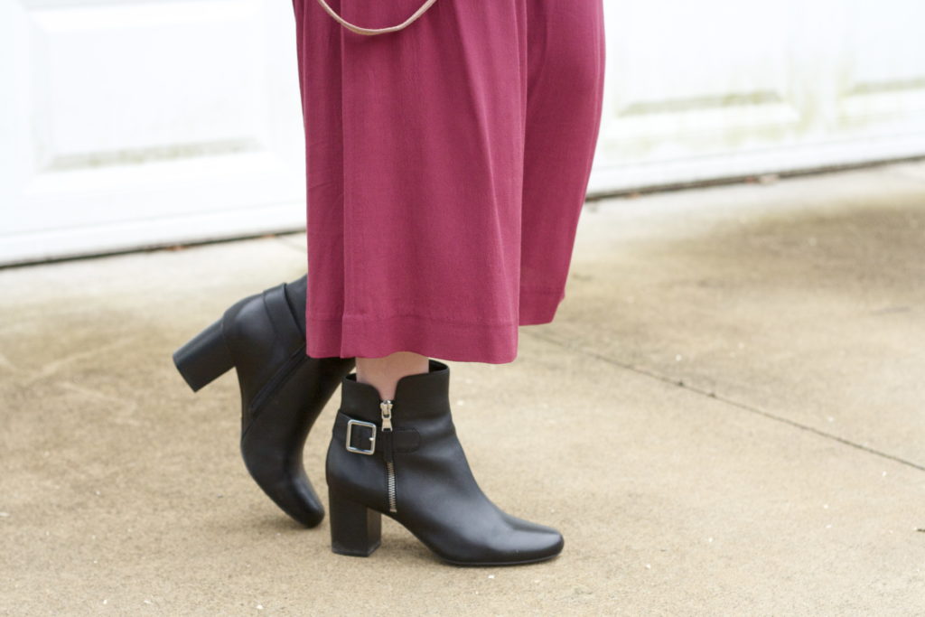neck scarf, culottes, ankle botts outfit