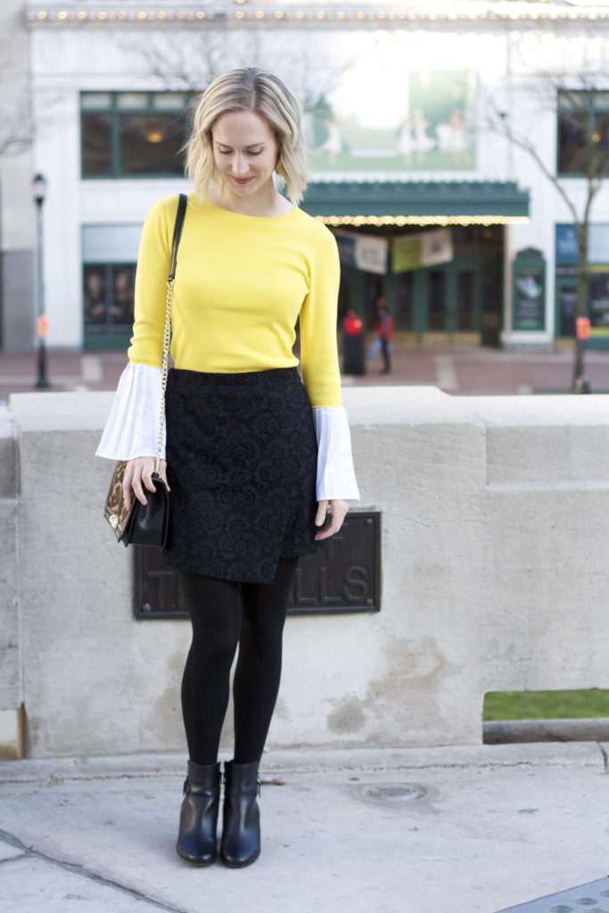 bell sleeve yellow top, lace skirt, leopard skirt
