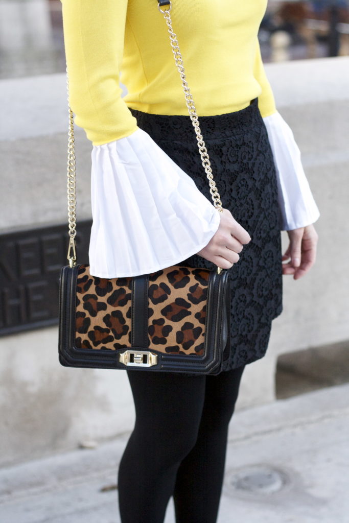 bell sleeve yellow top, lace skirt, leopard skirt