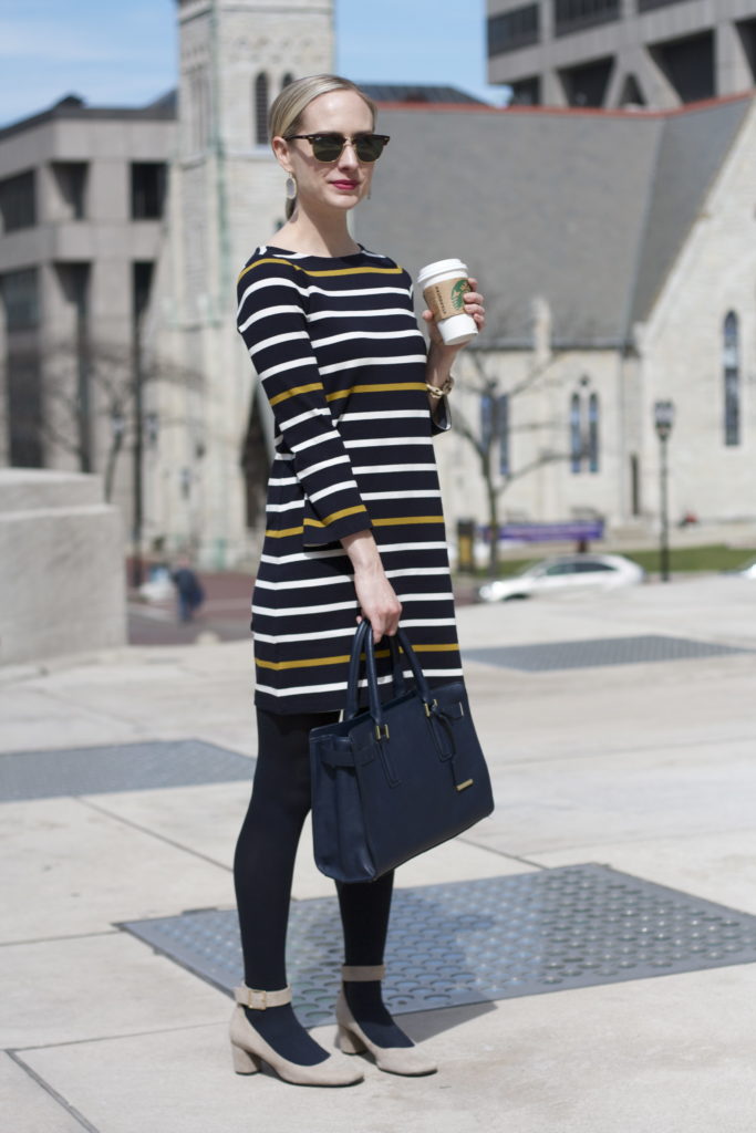 navy striped dress, navy tights, ankle strap shoes, Ray Ban clubmasters