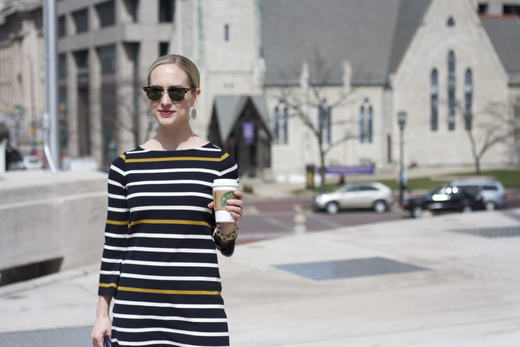 navy striped dress, navy tights, ankle strap shoes, Ray Ban clubmasters