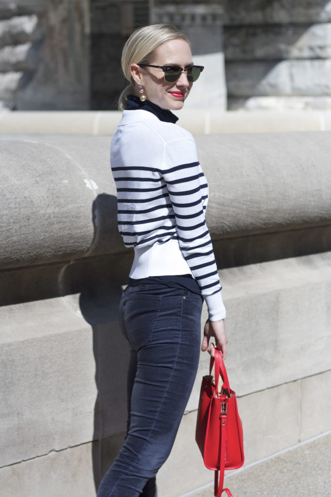 striped white cardigan, velvet jeans, navy outfit, Ray Ban clubmasters